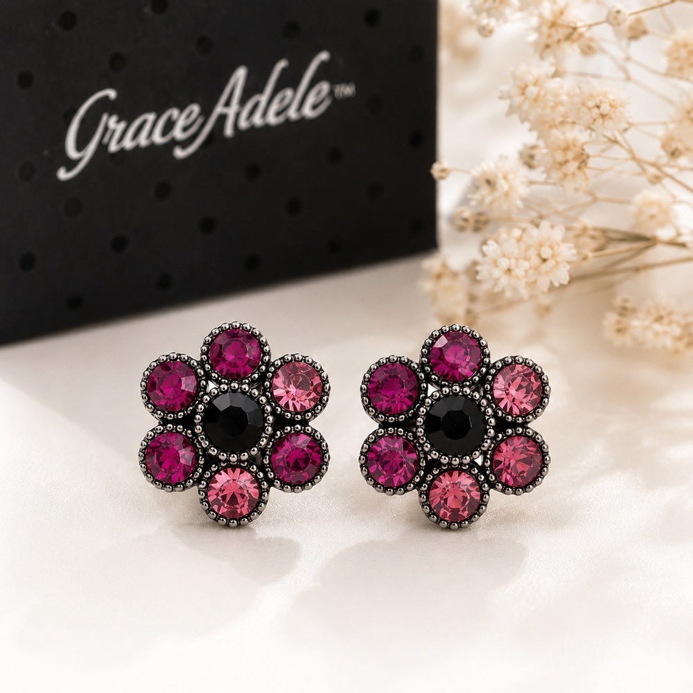 Grace Adele Crystal Flower Stud Earrings Pink Purple Rhinestone Floral NWOT